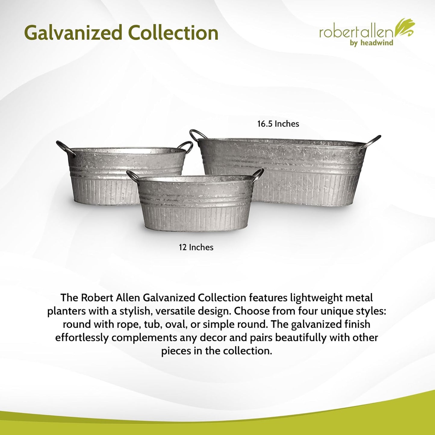 Headwind Robert Allen 16.5" Oval Tub Metal Planter w/Handles – Lightweight Galvanized Steel with Drainage Holes – Indoor/Outdoor Garden Pot