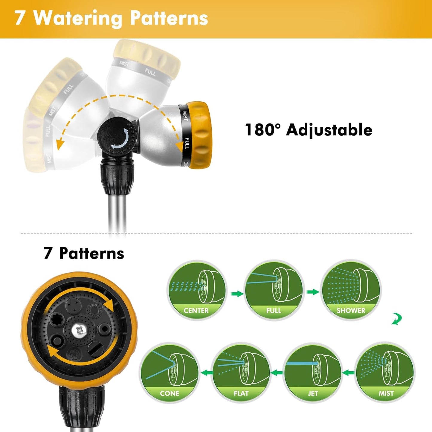 RESTMO Metal Watering Wand, Heavy Duty Garden Hose Wand with 180° Swivel Ratcheting Head, 16'' Hose Nozzle Sprayer with 7 Spray Patterns and Flow Control, for Water Hanging Baskets and Shrubs, Yellow