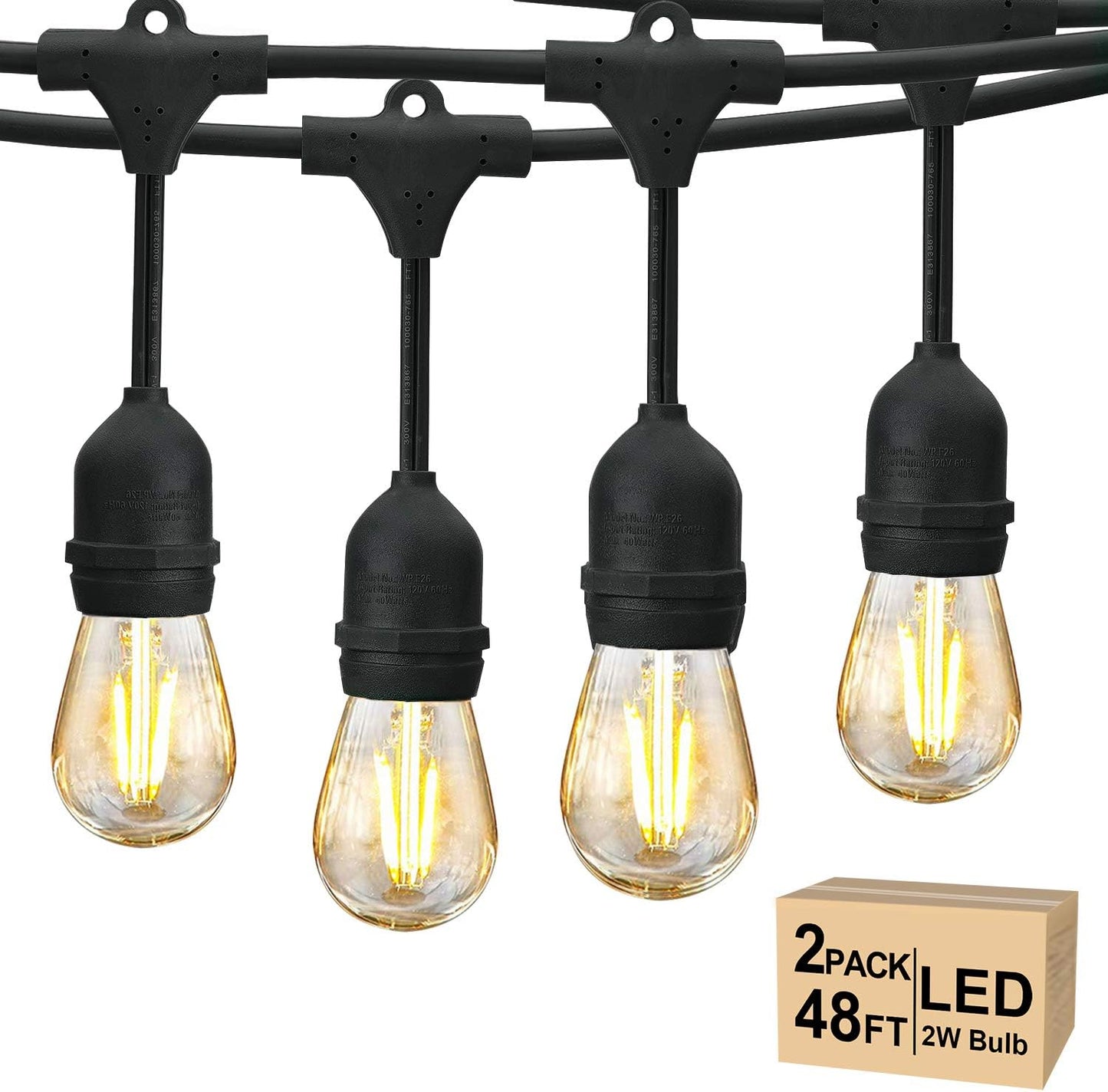Svater 96 FT Outdoor String Lights 2W, Patio Light for Outside with 32 Antique S14 Plastic LED Bulbs, IP65 Waterproof Hanging Cafe Market Lighting, ETL-Listed Dimmable Warm White 2700K (48 FT x 2)