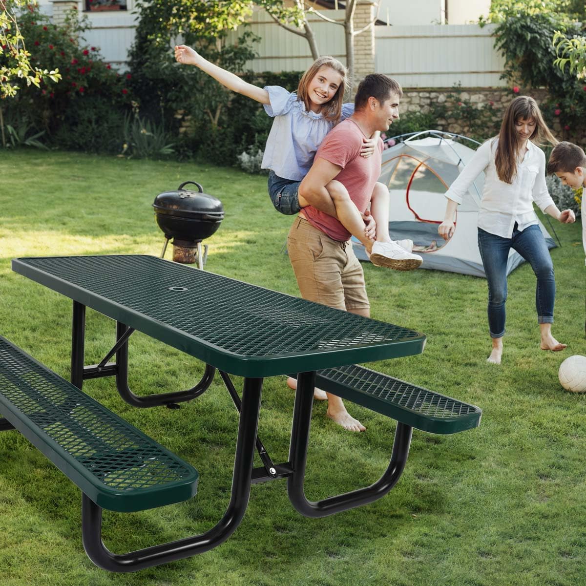 6 ft. Rectangular Outdoor Steel Picnic Table with Umbrella Pole, Heavy-Duty Weather-Resistant Dining Table for Patio, Backyard, and Garden, Rust-Resistant Finish, Green
