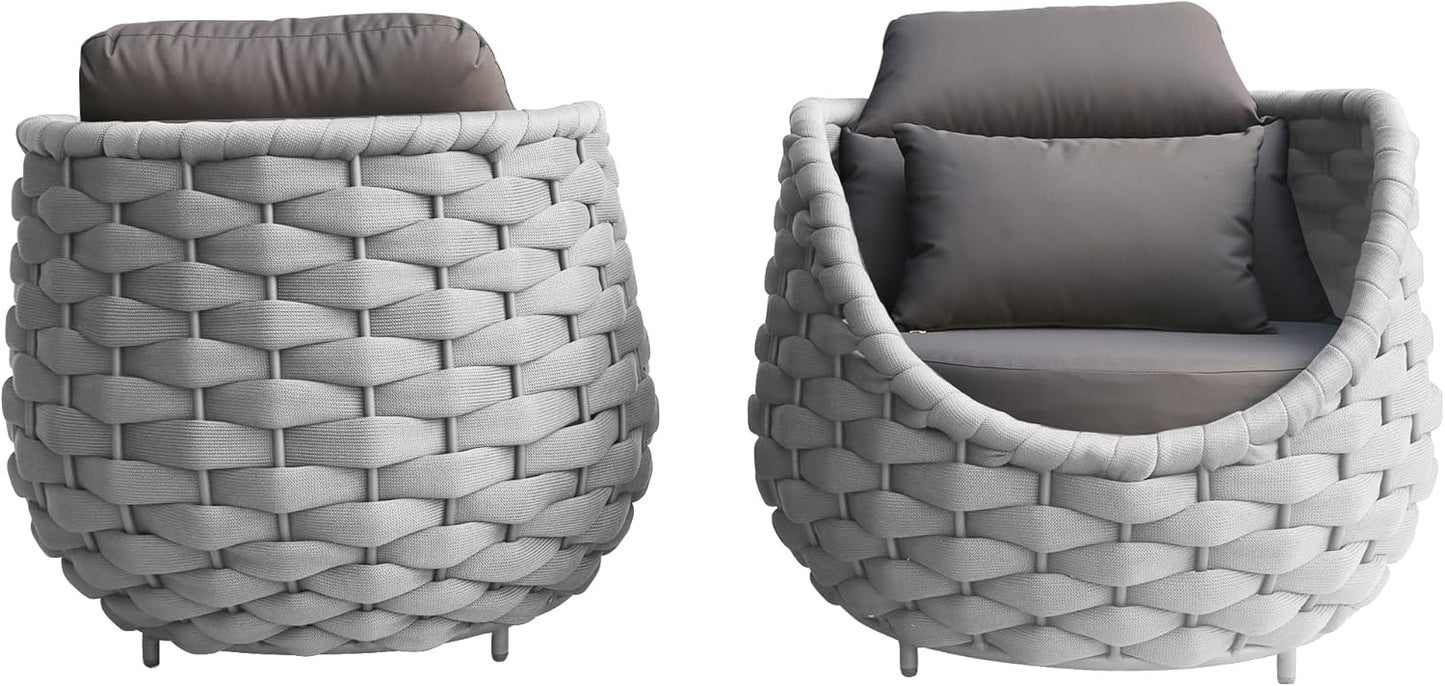 TWT 2 Pieces Patio Furniture Aluminum Armchair, All-Weather Teslin Rope Outdoor Single Sofa, Metal Outdoor Chair with Dark Grey Cushions
