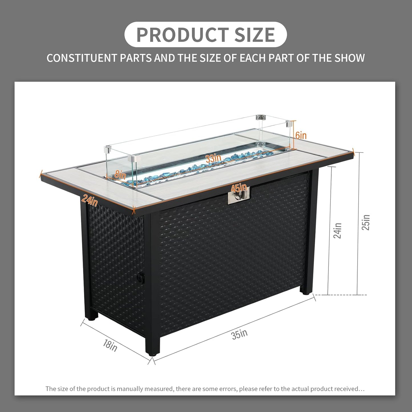 Rattaner 45 Inch Fire Table for Outside 60000 BTU Steel Gas Pit Outdoor with Woodgrain Marble Tabletop Glass Wind Guard Cover and Blue Crystal Beads