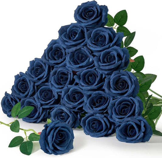 Serwalin 20pcs Navy Blue Artificial Roses, 4" Real Touch Silk Velvet Flowers, Long Stems Bouquet for Wedding, Home Decor, Table Centerpieces