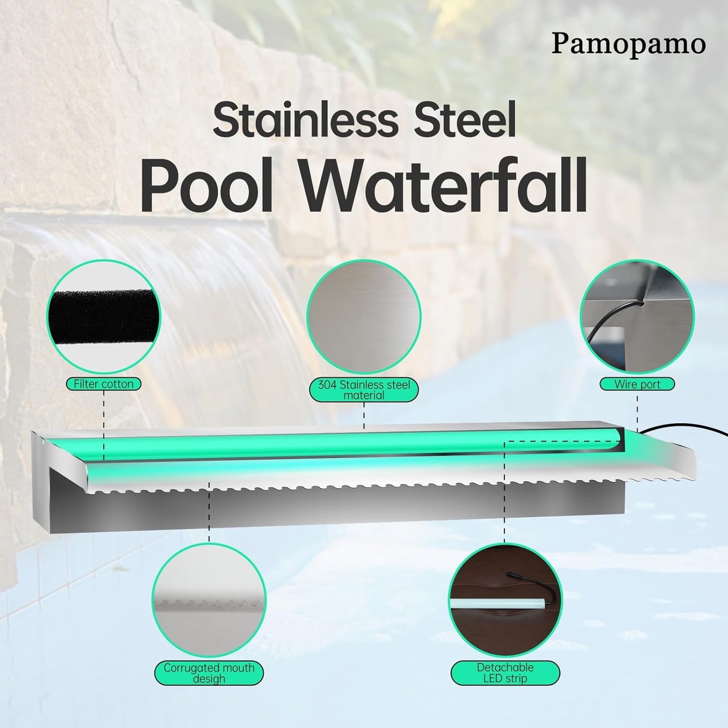 Pool Waterfall Spillway Stainless Steel Koi Pond Fountain, APP Control LED Lighted Waterfalls Kit, Outdoor Water Flow Fountains for Garden Swimming Pool Decoration-11.8"x7.8"x3.9"