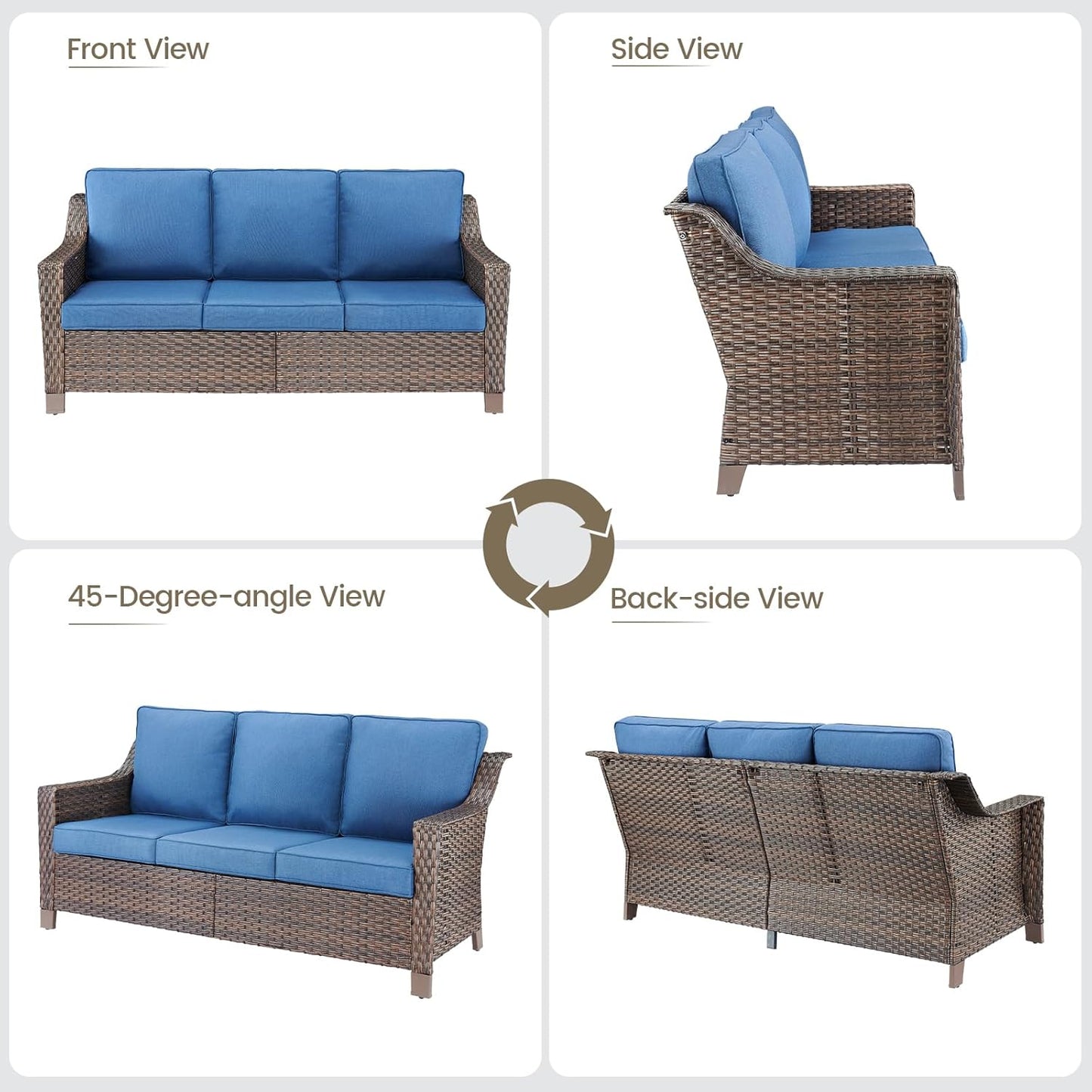 Outdoor Wicker Patio Furniture Set - 5 Piece Outside Rattan Conversation Bistro Sofa Sets with Wicker Chairs, 3-Seat Couch and Ottomans for Porch Balcony Yard Fireplace – Brown/Blue