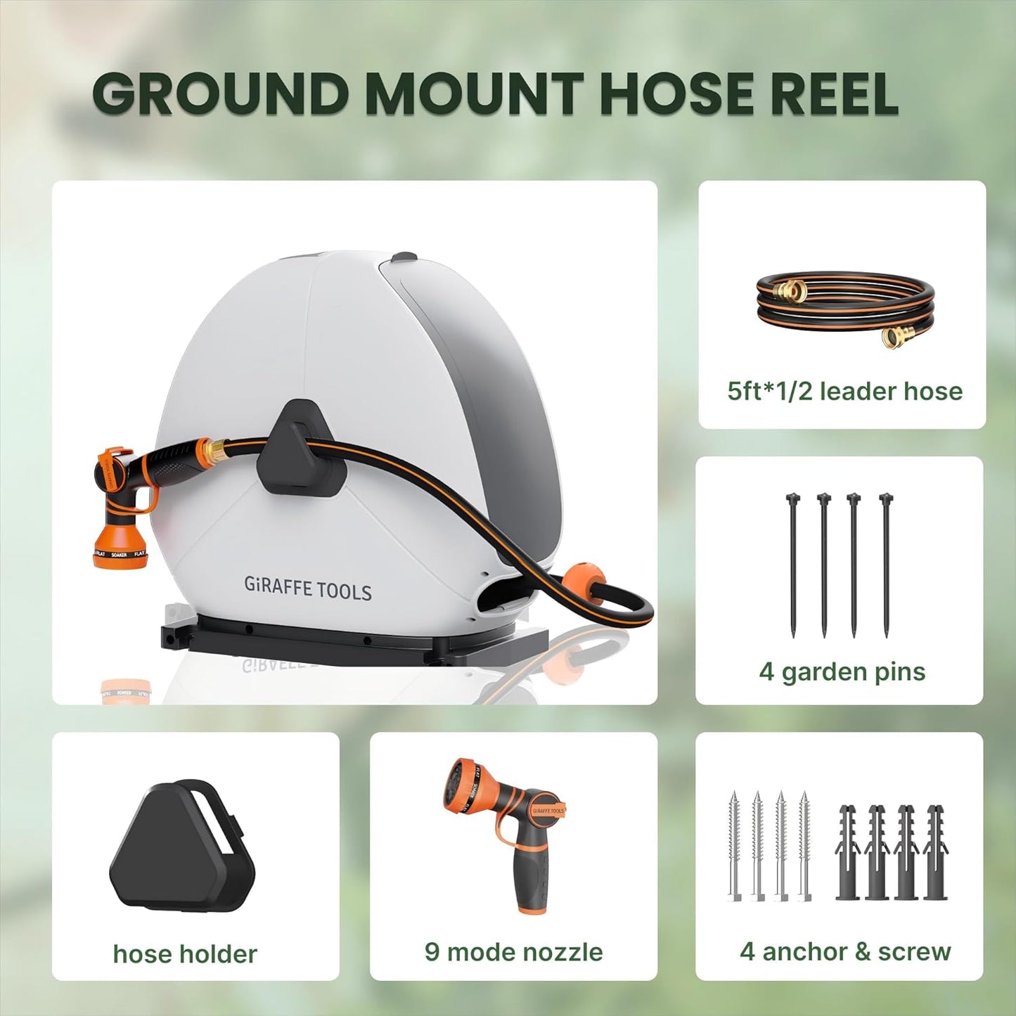Giraffe Tools Retractable Hose Reel with 1/2 Inch x 100FT, Heavy Duty Ground Mount Garden Hose Reel, Automatic Rewind,with 9-Function Sprayer Nozzle & Flexible Swivel Base