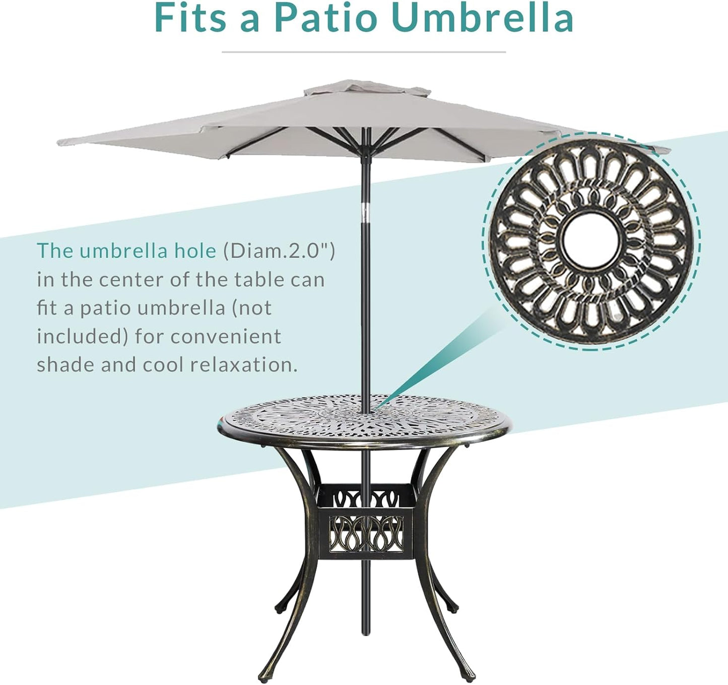 MEETWARM 3 Piece Patio Bistro Set, Outdoor All-Weather Cast Aluminum Dining Furniture Set Includes 2 Cushioned Chairs and a 35.4” Round Table with Umbrella Hole for Garden Deck, Navy Blue