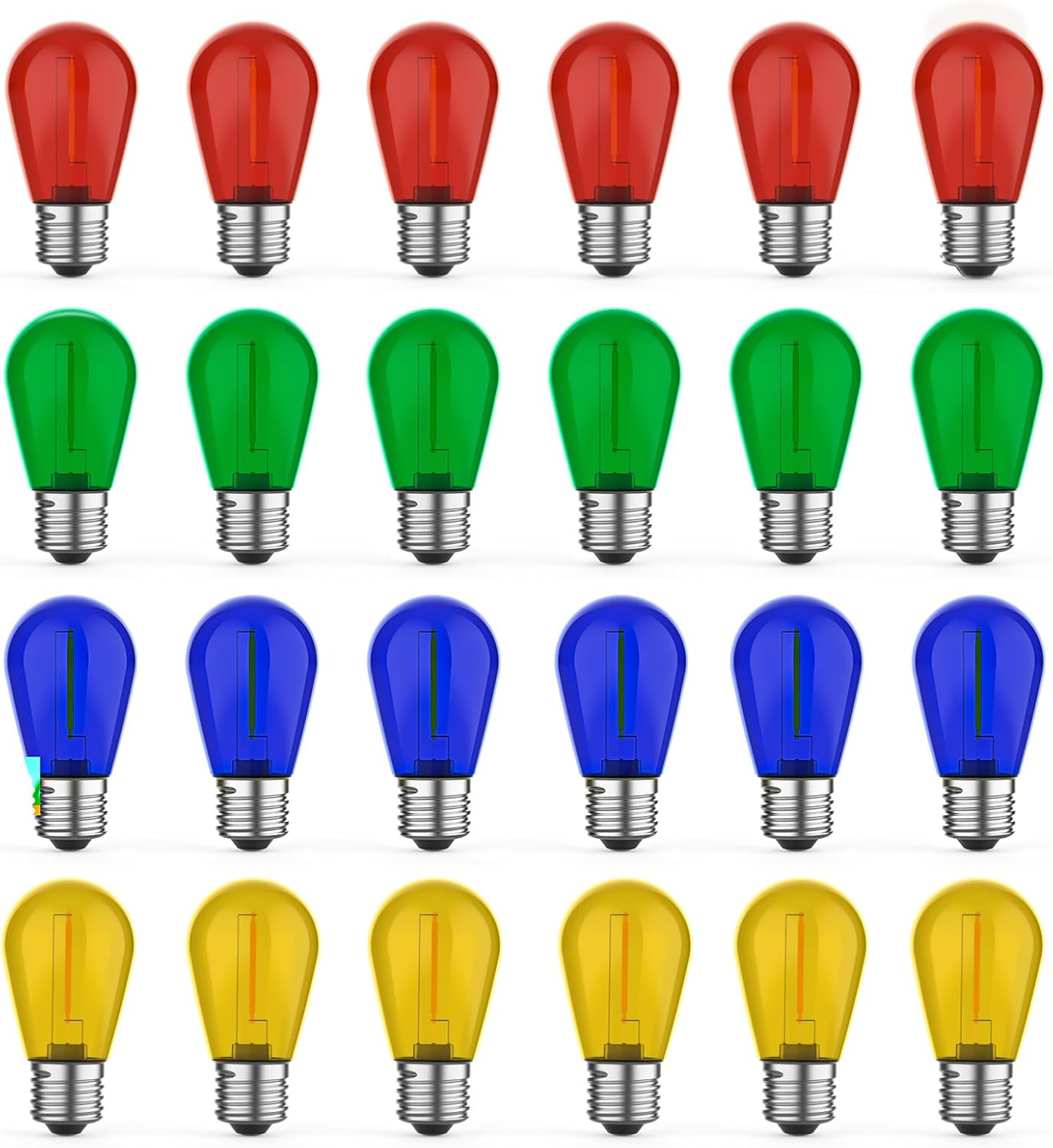 24 Pack S14 Colored LED String Light Bulbs, 1W Plastic Shatterproof Replacement Bulbs for Outdoor Patio Backyard Lights, E26 Medium Base, Warm White 2200K, Dimmable, Red/Green/Blue/Orange