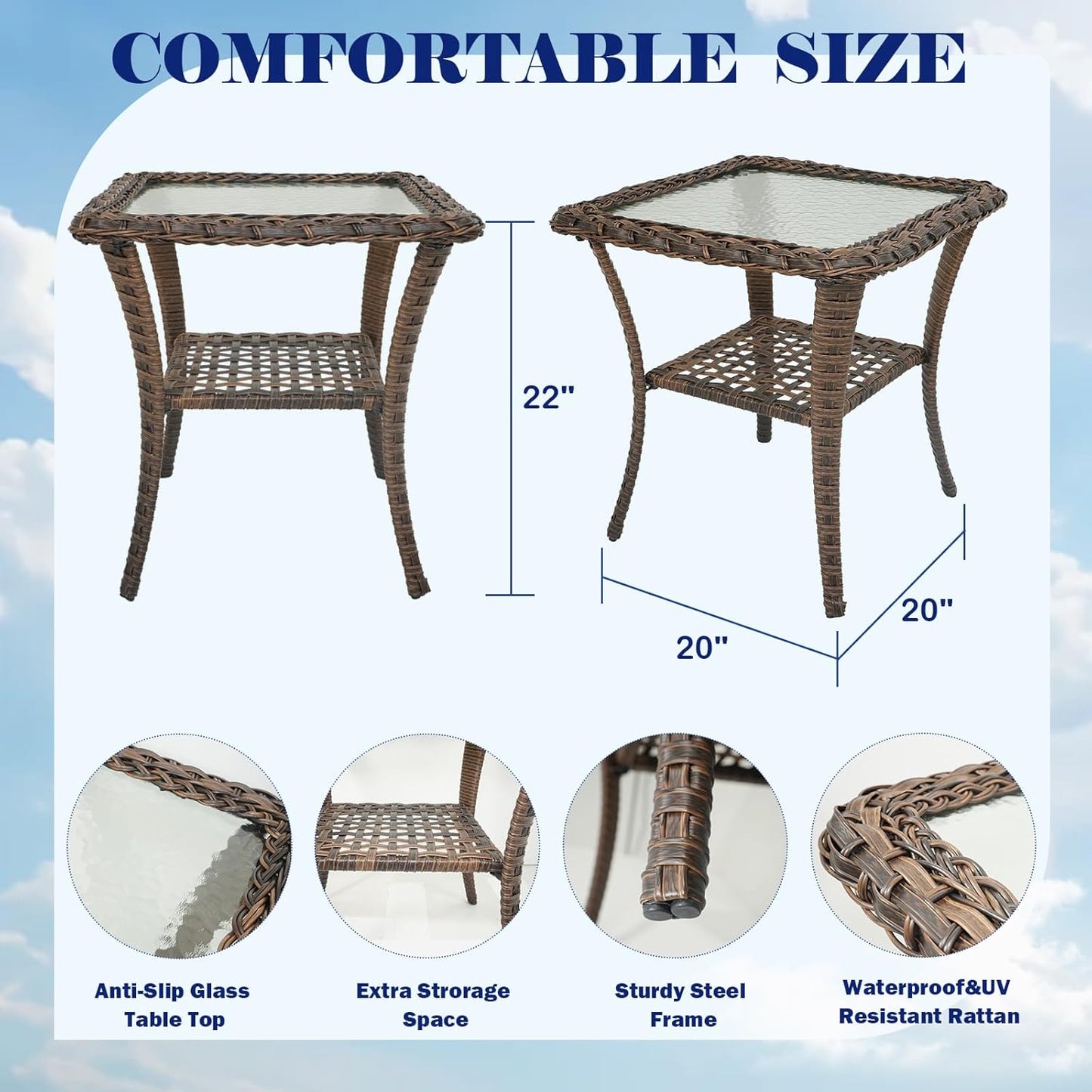 5 Piece Patio Furniture Set - Wicker Balcony Furniture Set with Hidden Ottomans, Rattan Outdoor Patio Chairs with Side Table for Porch Deck Poolside Garden Brown/Blue