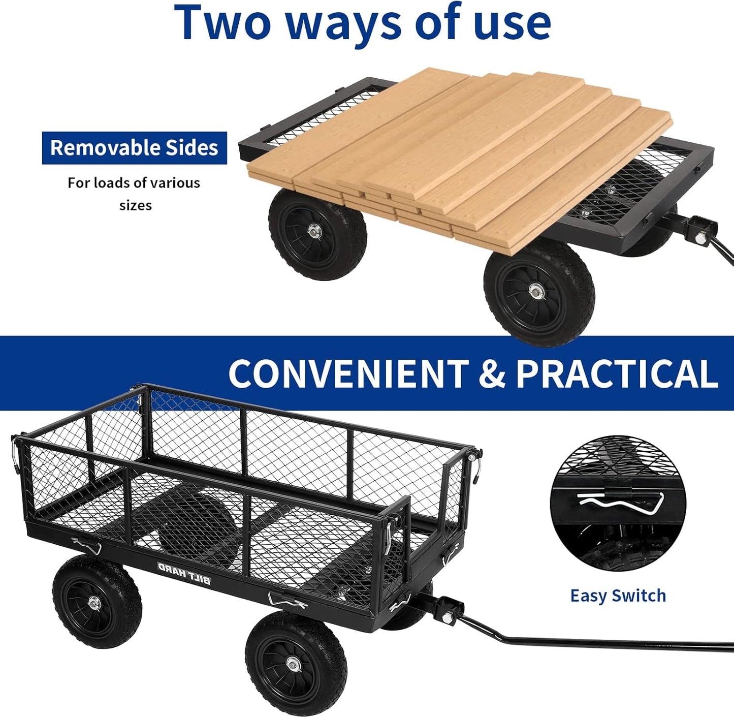 BILT HARD 880 lbs 10" Flat Free Tires Steel Garden Cart with 180° Rotating Handle and Removable Sides, Heavy Duty 4 Cu.Ft Capacity Utility Garden Carts and Wagons, Black