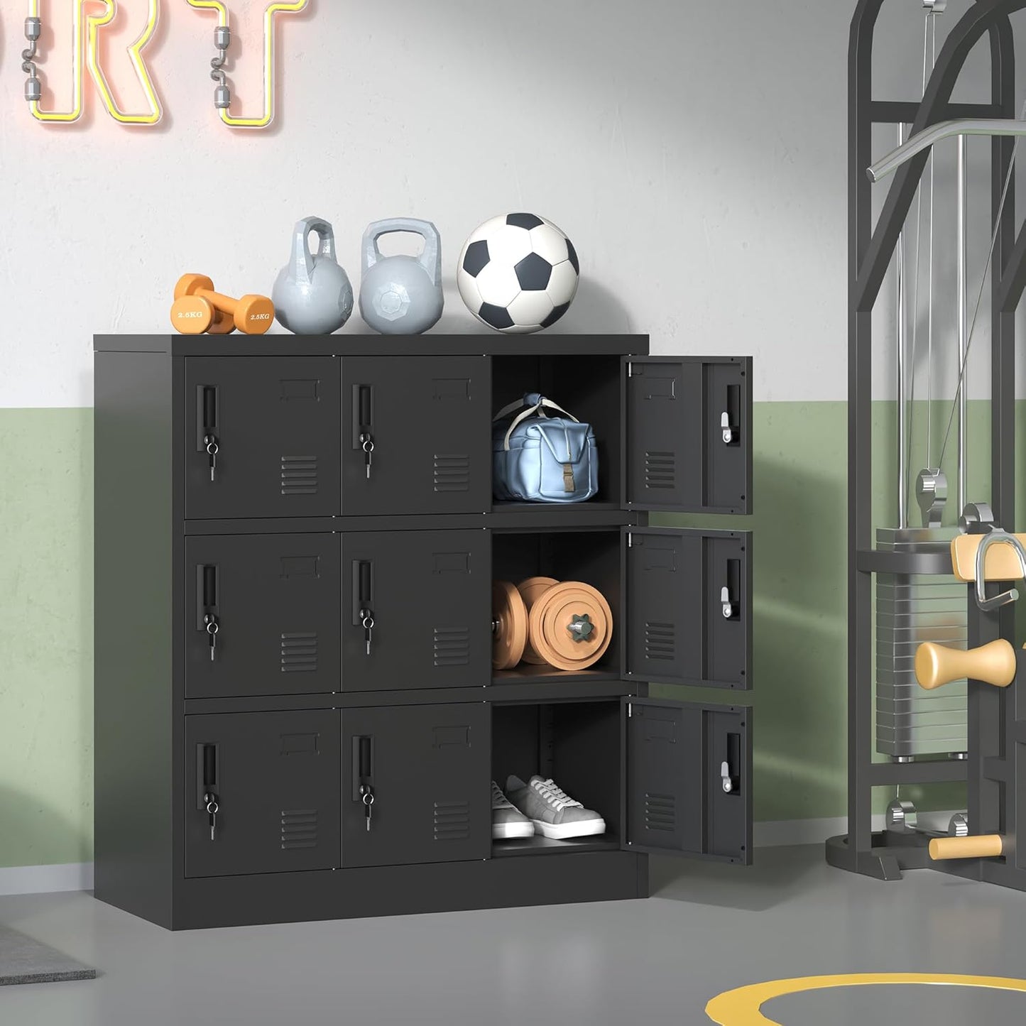 Employee Storage Locker,Metal Locker for Employees Office Steel Gym Lockers with Card Slot,Office Storage Lockers for Home,School(Black) (9Door-New)