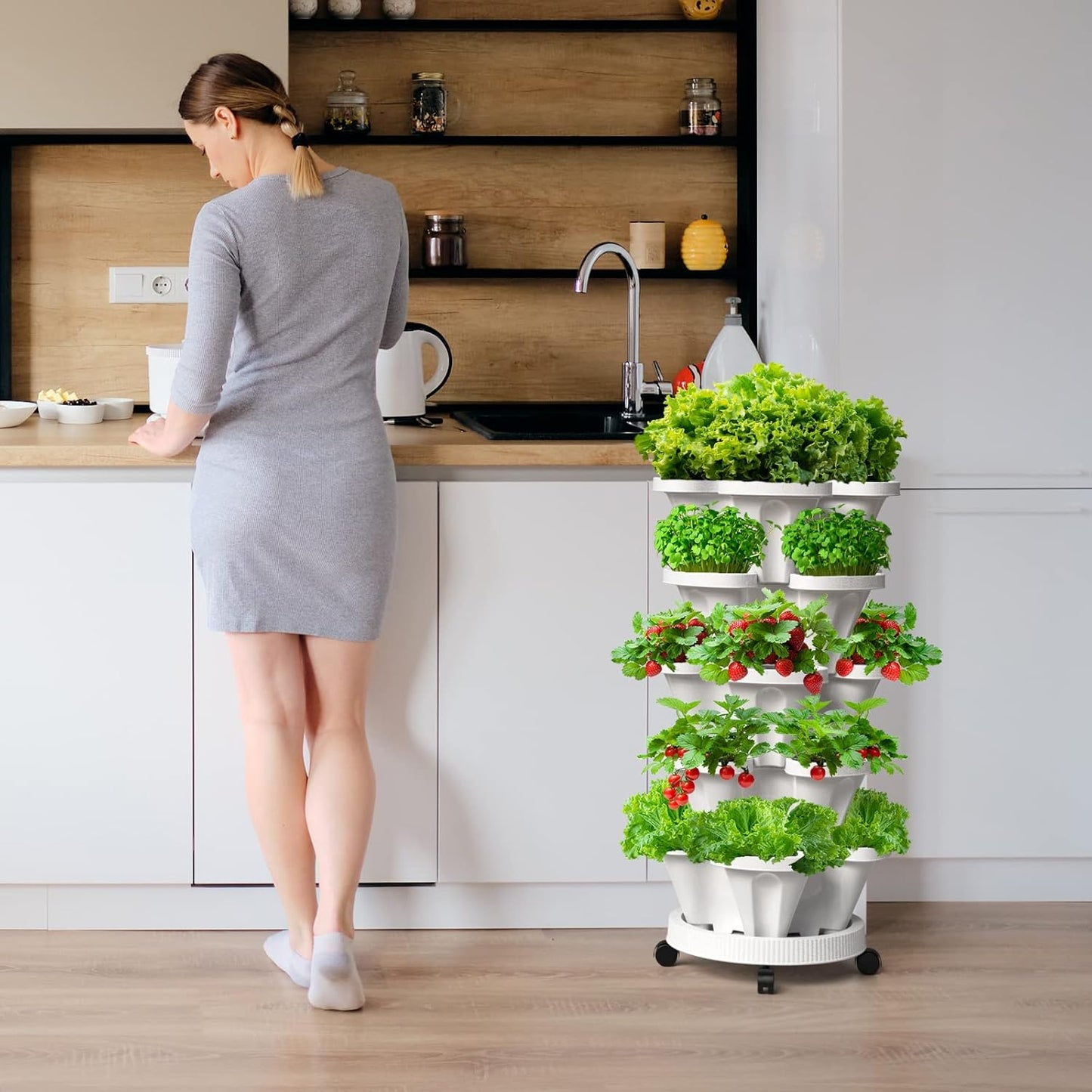 Strawberry Vertical Planter, 5 Tiered Stacking Garden Tower, Stackable Herb Vegetable Planters with Support Pole Indoor and Outdoor - White