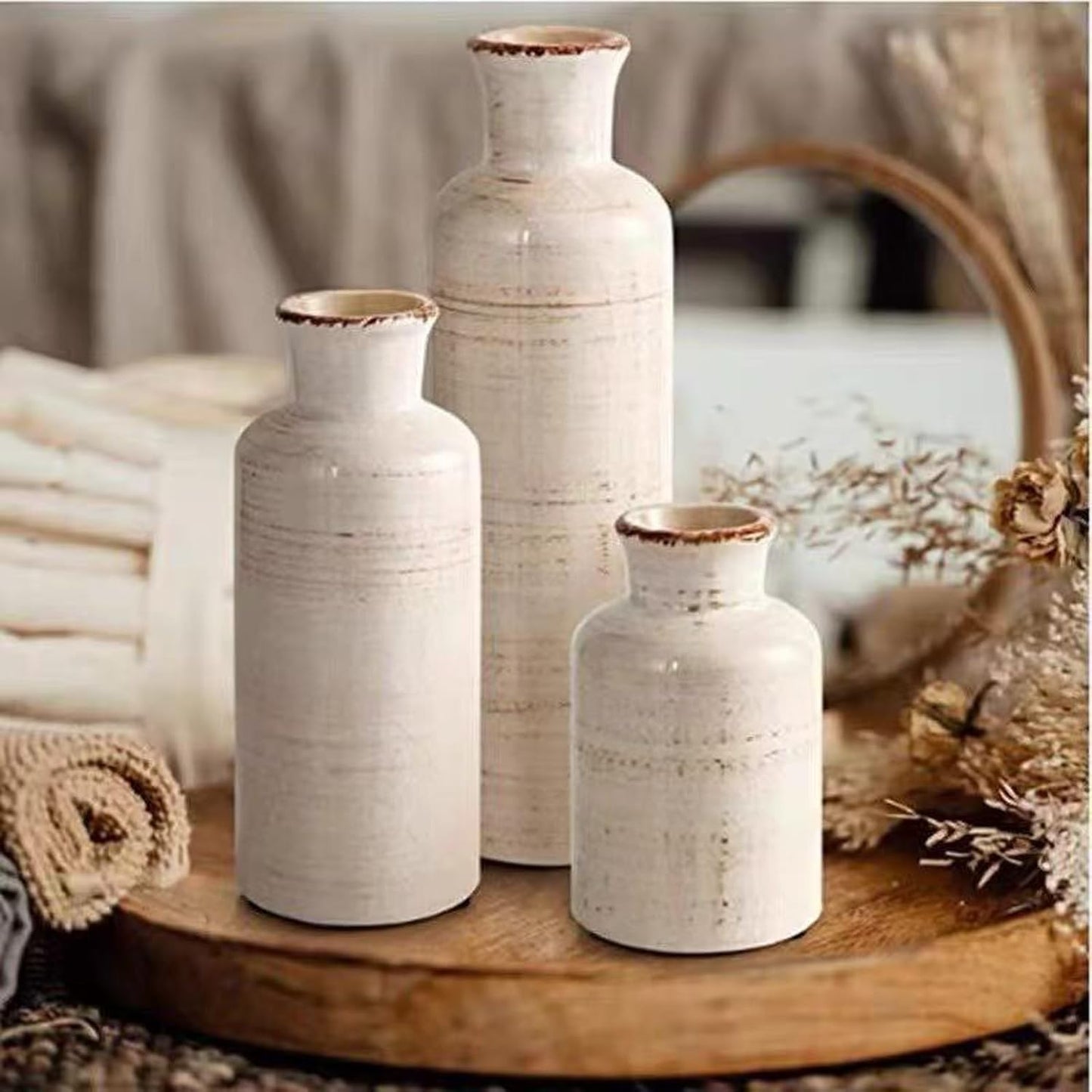 Ceramic Vase Set of 3,Modern Small Vase for Flowers,Rustic Vintage Ceramic Flower Vases for Home Decor,Decorative Vases for Table Centerpiece,Bookshelf,Fireplace and Entryway