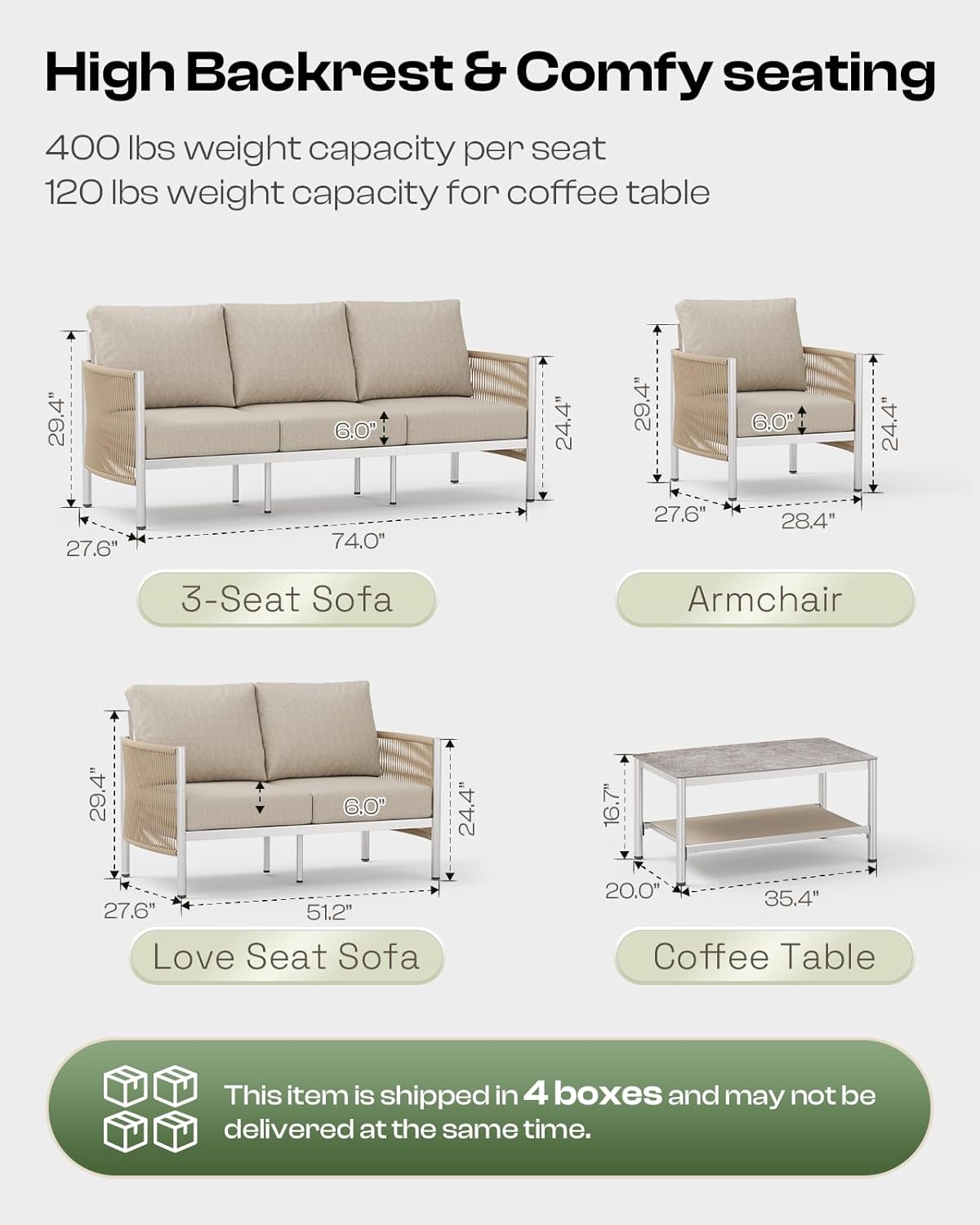 Aluminum Outdoor Patio Couch Loveseat, HDPE Rope Patio Sofa with Washable Thick Cushion, All-Weather Patio Furniture for Balcony, Yard, Silver Frame, Beige