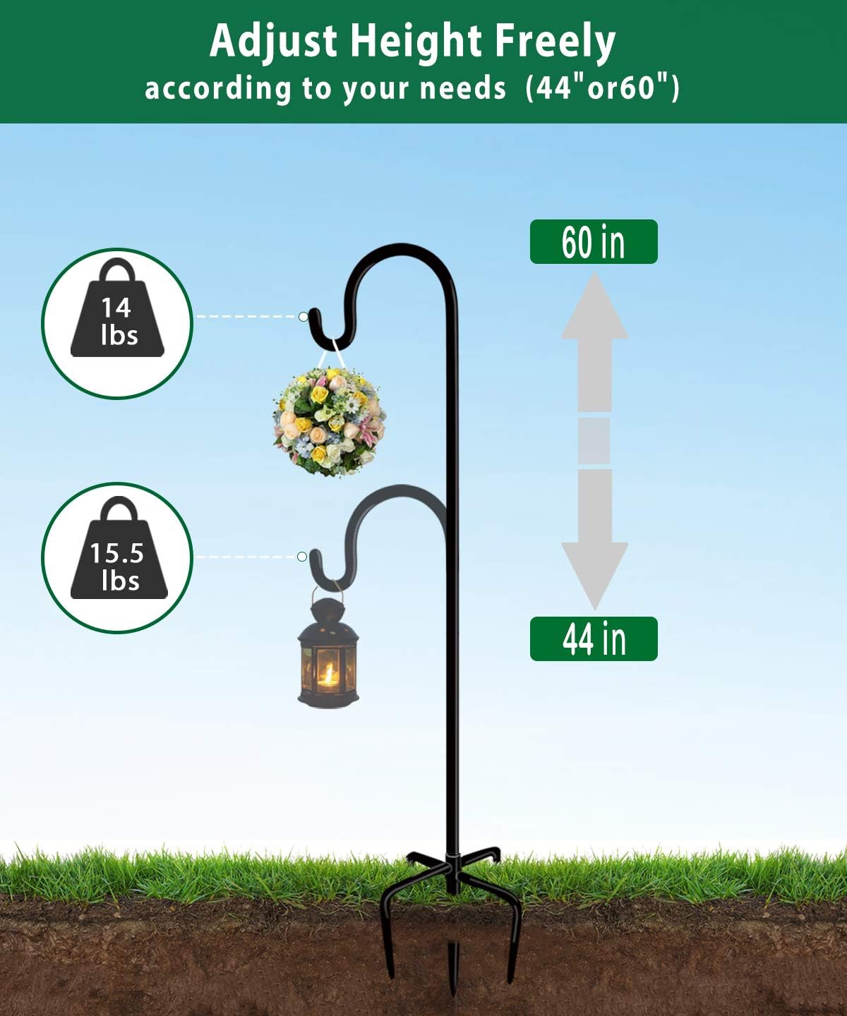 Artibear Adjustable Outdoor Shepherd Hook Stand with 5 Prong Base, 60 Inches Tall 3/5 in Thick, Shiny Black (2 Packs)