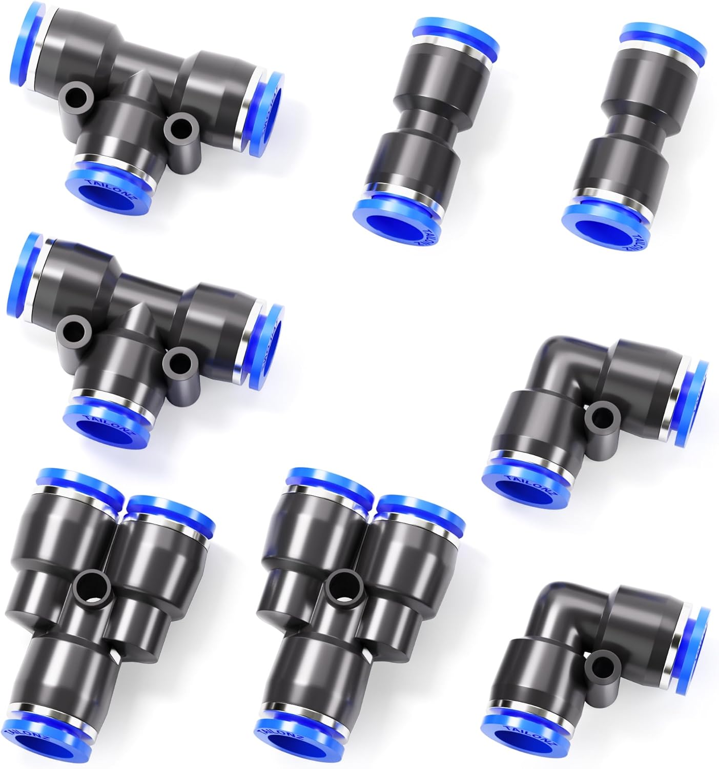 TAILONZ PNEUMATIC 3/8 Inch od Push to Connect Fittings Pneumatic Fittings Kit 2 Spliters+2 Elbows+2 tee+2 Straight (8 pcs)