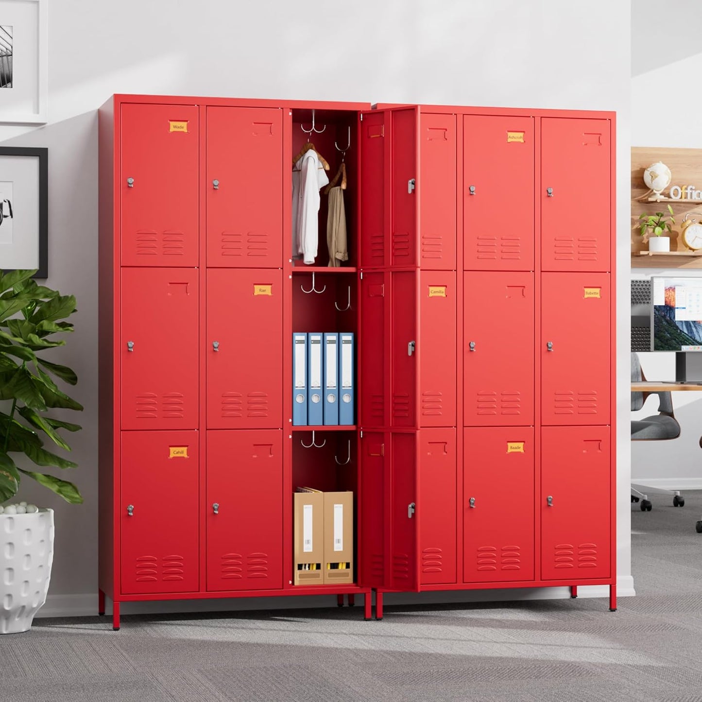 9 Doors Metal Lockers for Employees with 27 Hooks, Storage Locker with Business Card Holder for Office Gym School Bedroom, Assembly Required, Red