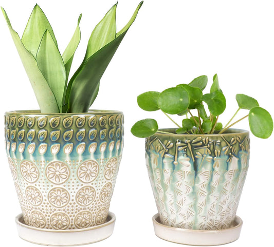 6 Inch + 5 Inch Ceramic Planter with Drainage Hole and Saucer for Plants, Indoor-Outdoor Round Succulent Orchid Garden Flower Pot - Set of 2