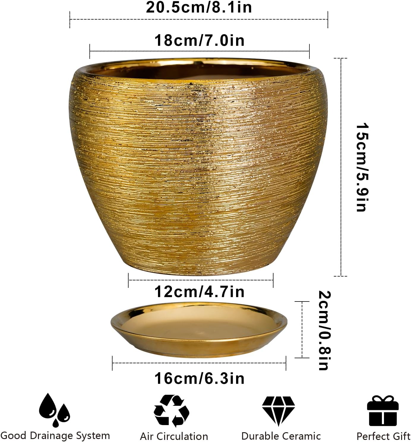 Ceramic Plant Pot 8 Inch - Planter for Outdoor Plants Indoor Plant Pot with Drainage Hole and Saucer Decorative Round Planter Modern Flower Pot for House Decor Gold