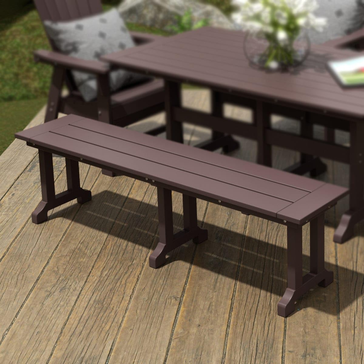 WestinTrends Malibu 65" Outdoor Dining Bench, All Weather Resistant Poly Lumber Patio Garden Bench Trestle Long Bench for Both Outdoor and Indoor, Dark Brown