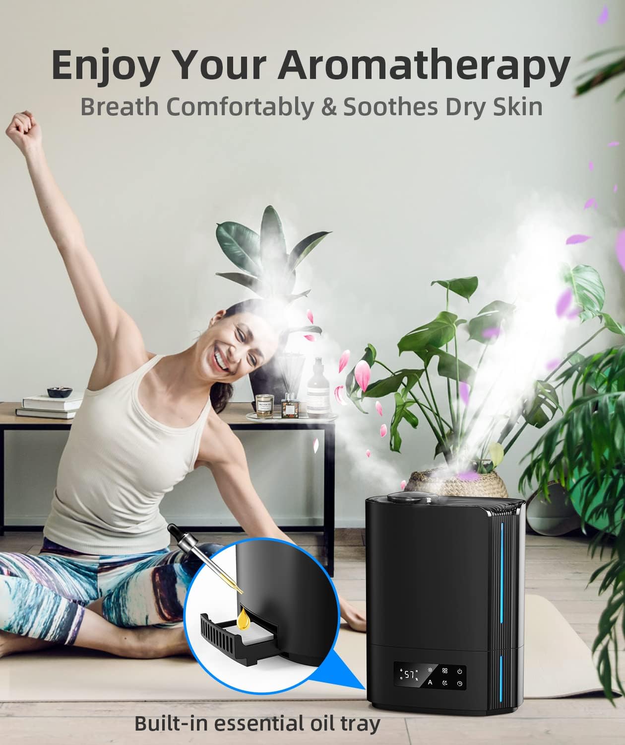 BREEZOME 6L Humidifiers for Bedroom Large Room & Essential Oil Diffuser, Ultrasonic Top Fill Cool Mist Humidifiers for Baby, Plants, Nursery Last up to 60 Hours, Smart Humidistat Control, Quiet, Black