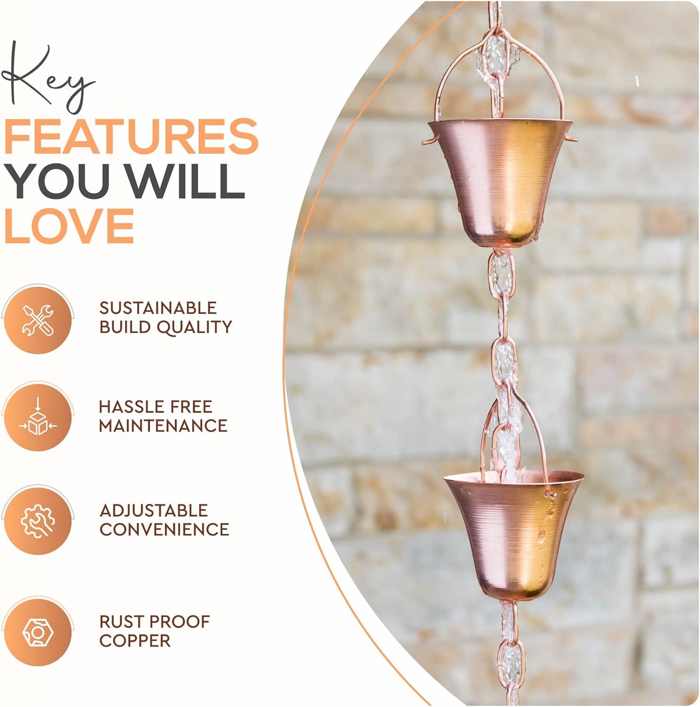 Copper Rain Chain – Decorative Chimes & Cups Replace Gutter Downspout & Divert Water Away from Home for Stunning Fountain Display – 3’ Long for Universal Fit – Bell Style
