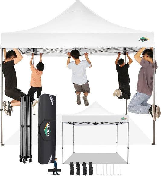 COBIZI 10x10 Pop Up Canopy Without Sidewall,Heavy Duty Canopy UPF 50+ All Season Wind Waterproof Commercial Outdoor Wedding Party Tents for Parties Canopy Gazebo with Carry Bag(10 x 10 ft White)