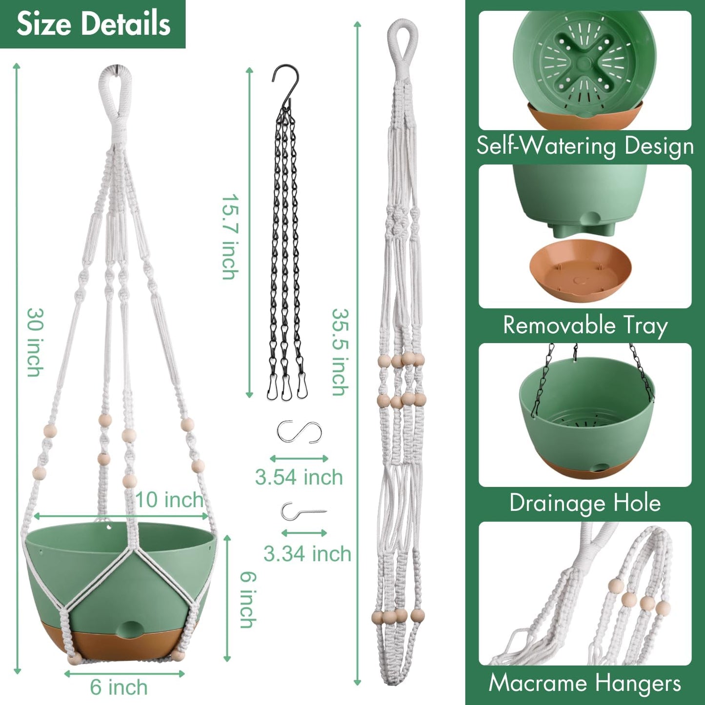 Set of 2-10 Inch Hanging Planters for Indoor Plants with Self-Watering Includes Hanging Pots for Plants, Outdoor Hanging Plant Pot with Drainage, and 2 Types of Baskets Hangers (Green, 10inch)