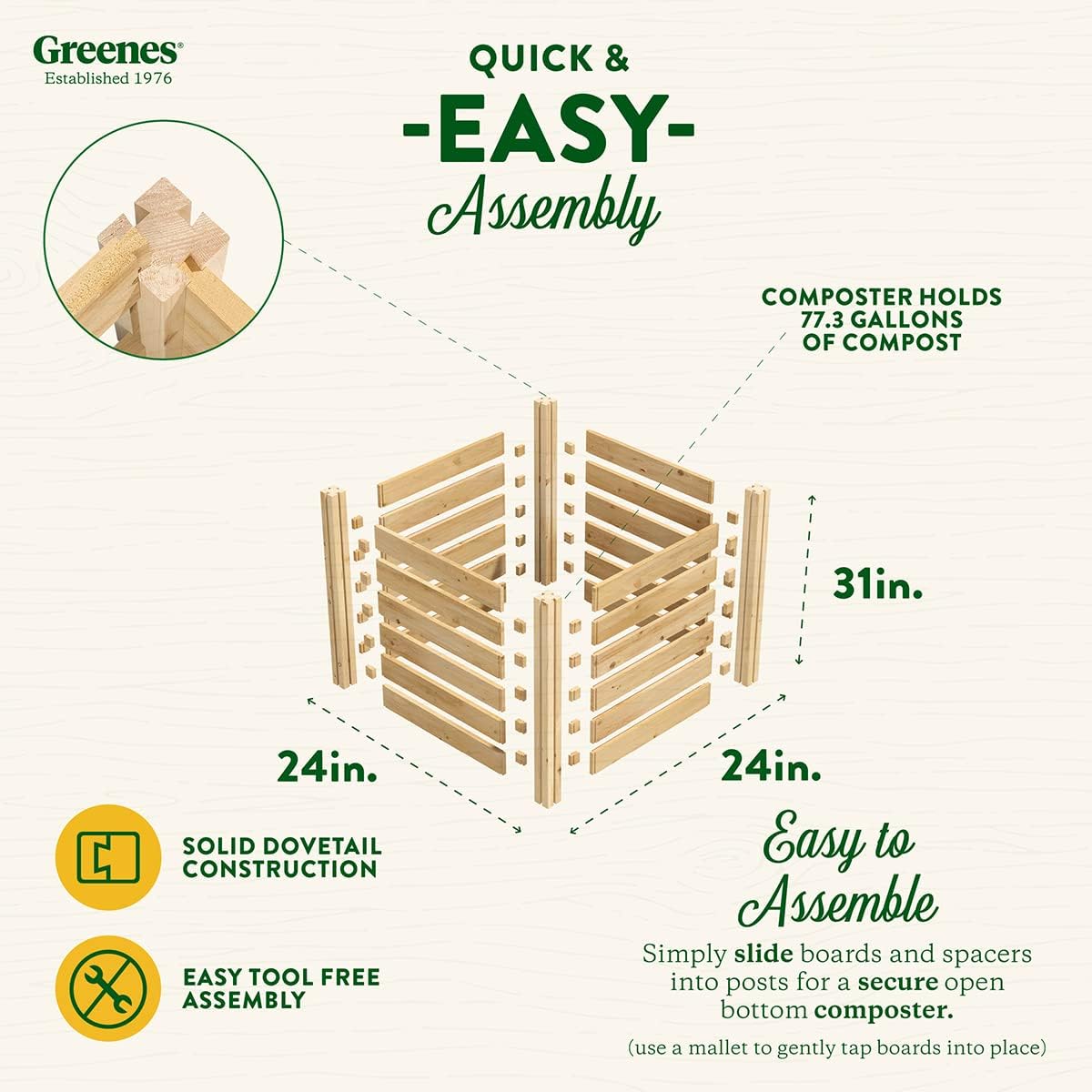 Greenes Fence Cedar Wood Composter, 24" W x 24" L x 31" H / 77.3 Gallons - Made in USA with North American Cedar