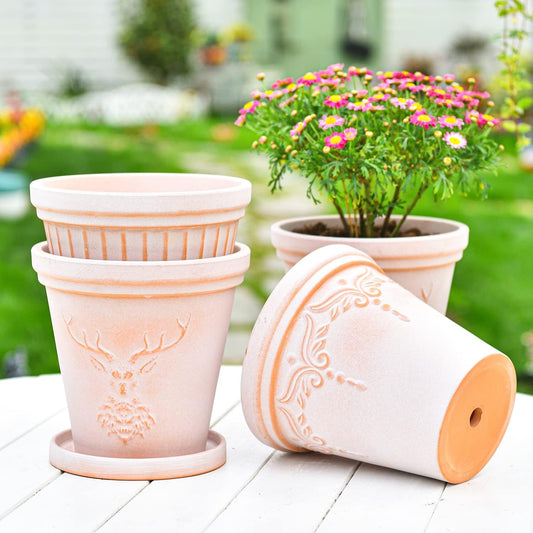 Sungmor Set of 3 Terra Cotta Pots With Saucer & Drainage Hole - 8 Inch Large & Deep Clay Planters, Unique Embossed & Pretty Color Pottery for Plants, Orchid, Cactus, Succulent