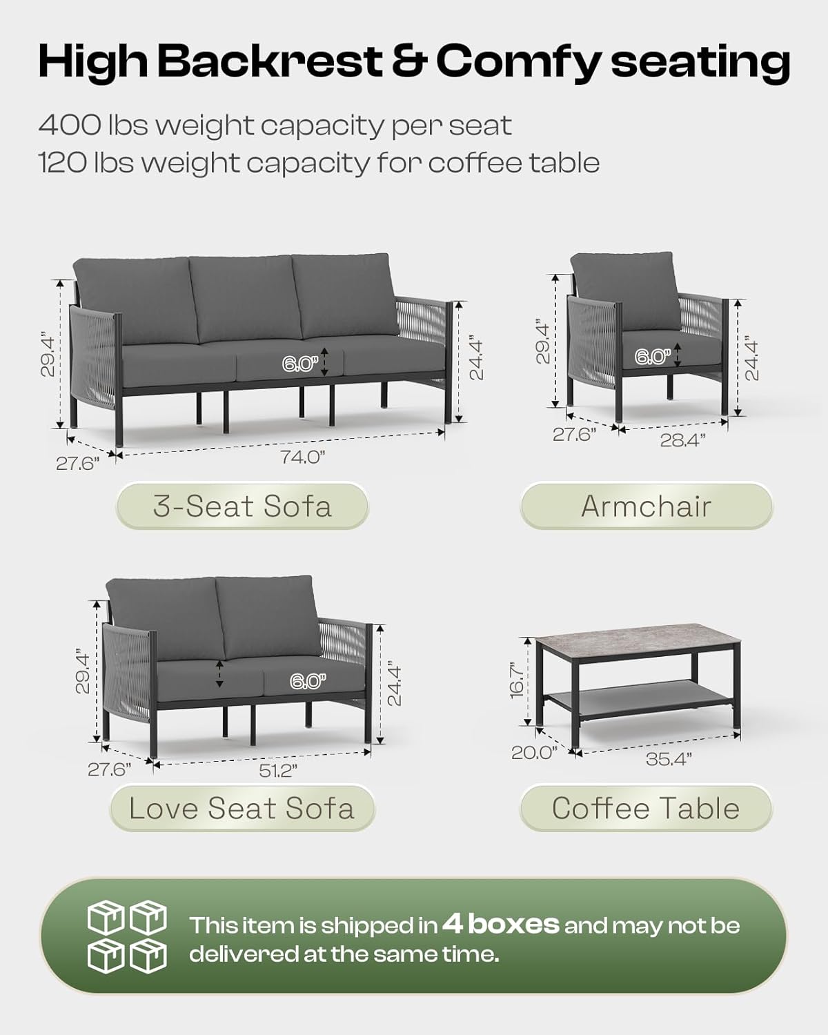 Aluminum Outdoor Patio Couch, 3 Seats HDPE Rope Patio Sofa with Washable Thick Cushion, All-Weather Patio Furniture for Balcony, Yard, Gray Frame, Charcoal