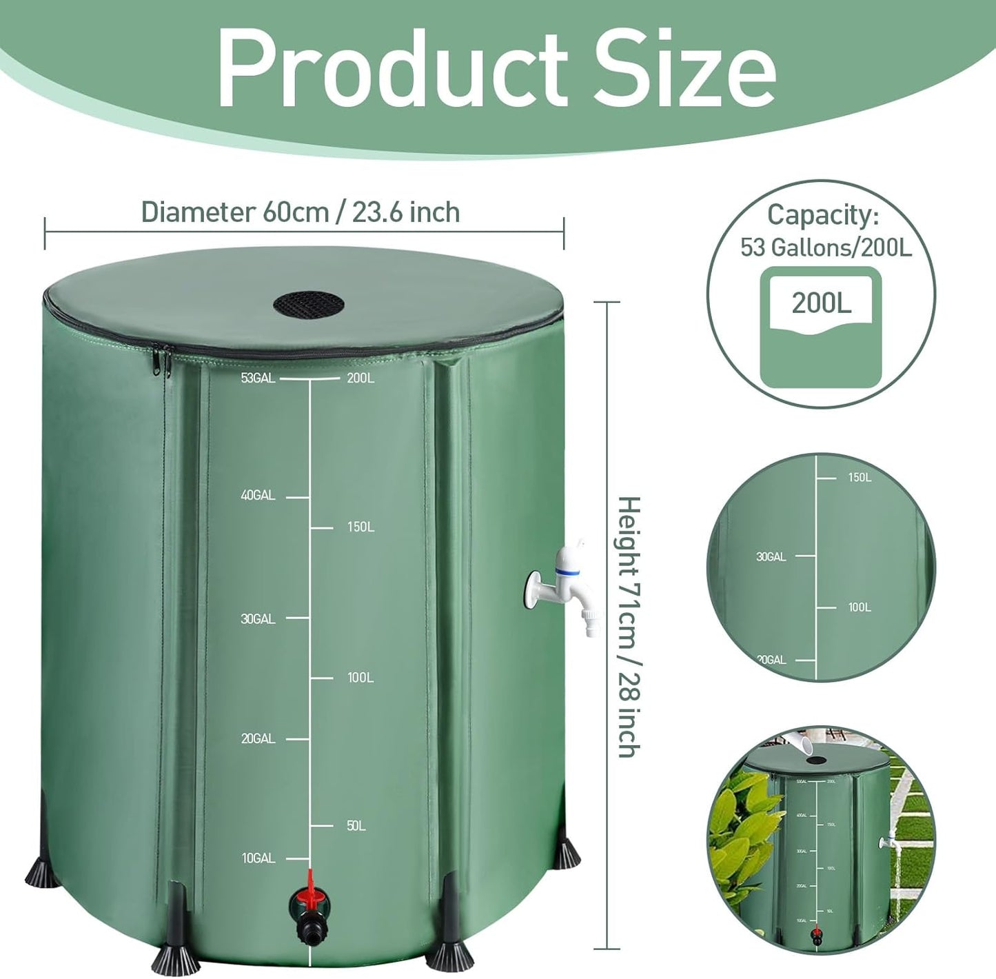 53 Gallon Collapsible Rain Barrel with Zipper Open and 12 Poles, 200L Protable Rainwater Collection System Kit with 1 Spigot and 2 Overflow, 1000D Oxford Rain Catcher Barrel for Outdoor Garden Camping