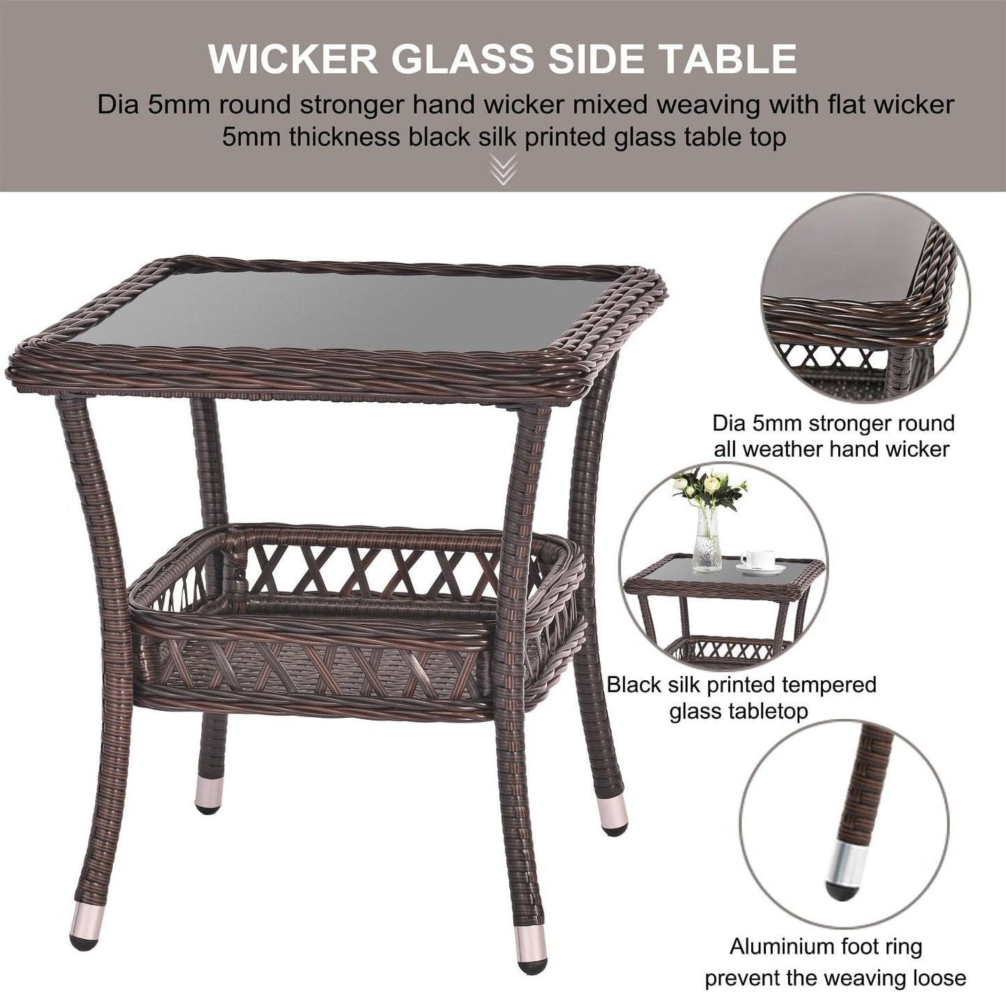 Outdoor Side Table Patio Wicker Coffee Table Outdoor End Table Rattan Bistro Table with Storage & Black Glass Table Top Square for Outside Balcony Porch Backyard Deck Brown