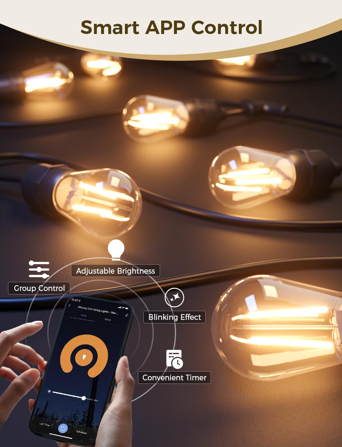 XMCOSY+ Outdoor String Lights, Smart Patio Lights 72.5Ft, APP WiFi Control, Compatible with Alexa, Waterproof Dimmable Edison Outdoor Lights for Patio Outside
