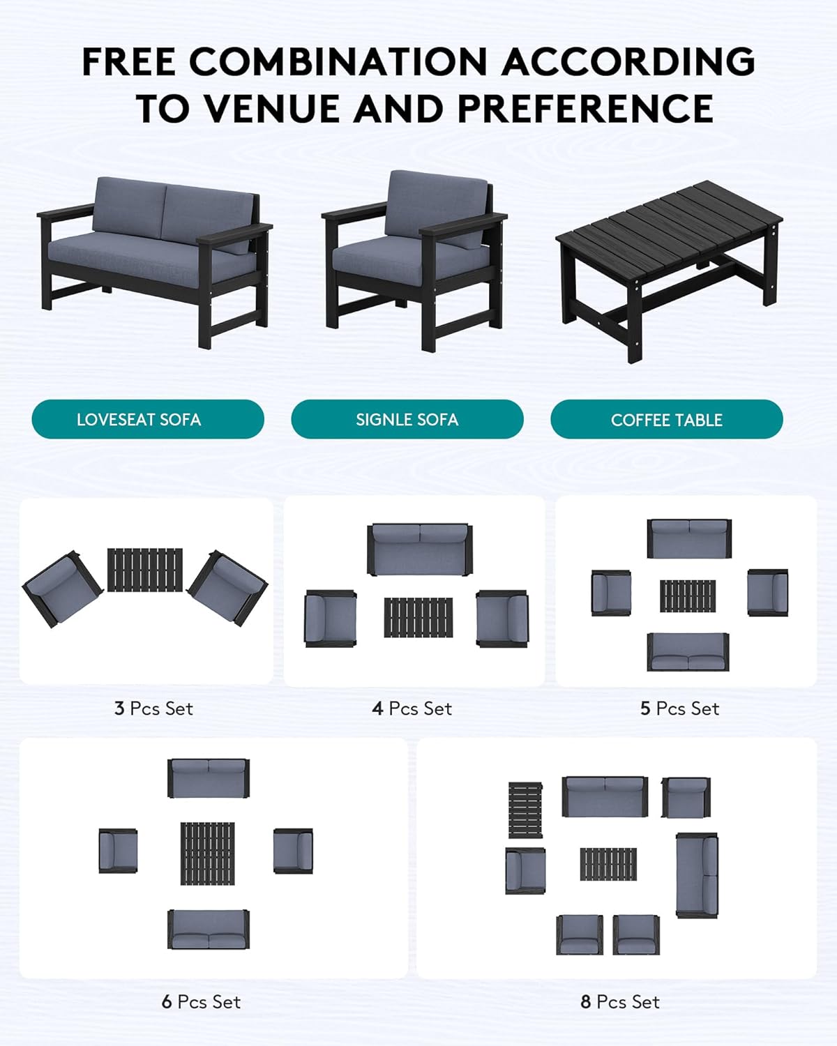 SERWALL 5 Pieces HDPE Outdoor Conversation Sofa Set with Cushion, All Weather Couch Loveseat Furniture Set with Pads, Outdoor Social Sofa Coffee Table Set, Black Frame with Grey Cushions
