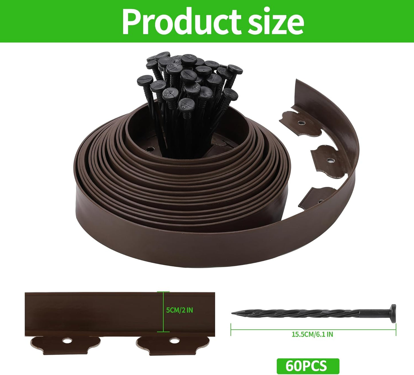 Landscape Edging Kit Flexible Lawn Edging, Landscape Edging Border 33 FT with 30 Spikes, 2" Tall No Dig Garden Edging Roll for Landscaping Flower Beds Yard Pathway (2IN x 66FT, Brown)