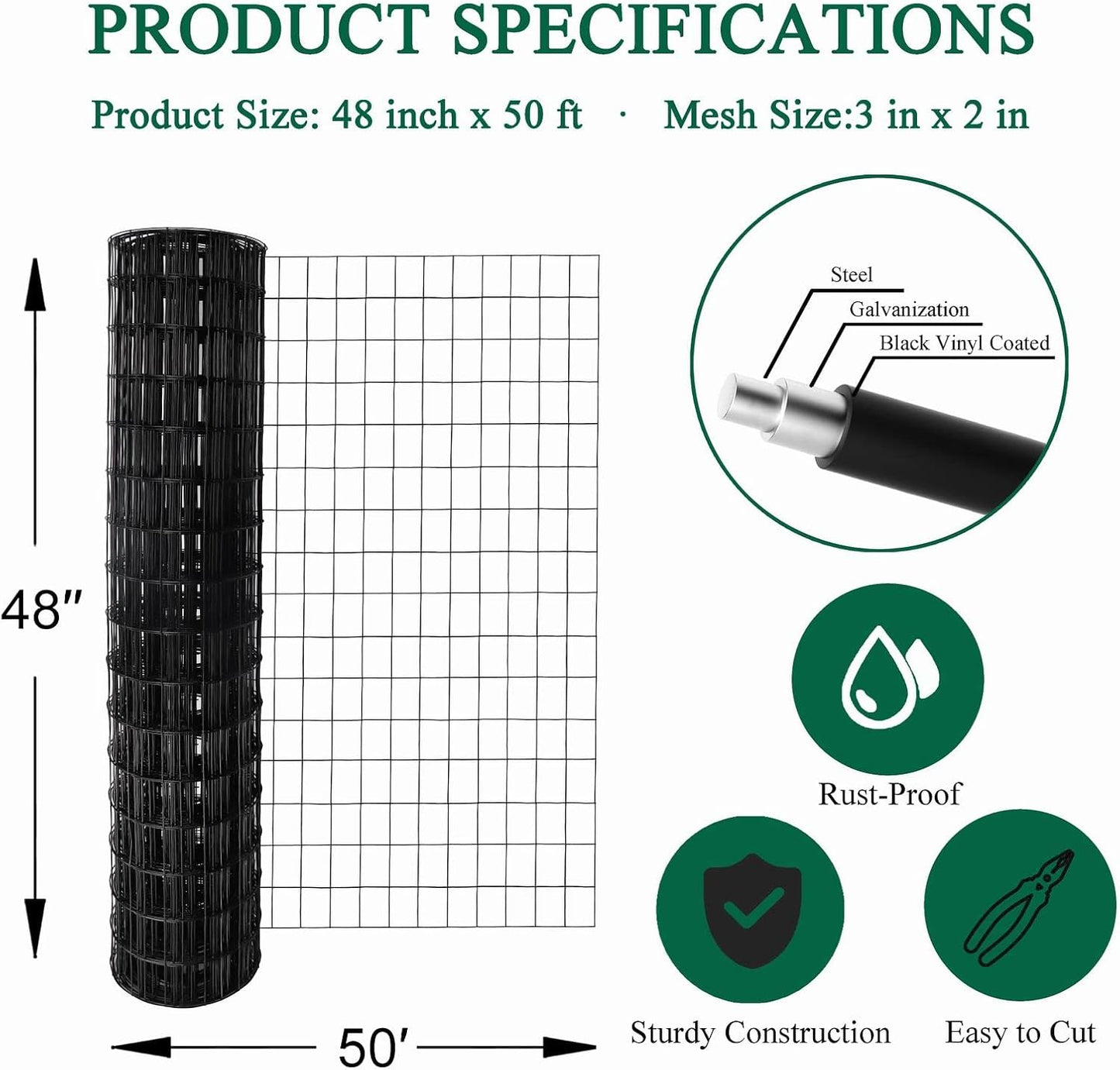 Black PVC Coated Welded Wire Fence 48 Inch x 50 Foot, 2 Inch x 3 Inch 16GA, Garden Border Fencing Roll Vinyl Coating Metal Wire Mesh for Yard Vegetable Plant Protection Poultry Netting