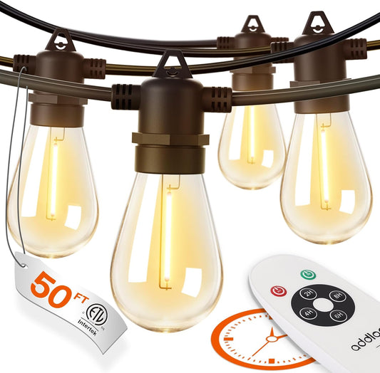 addlon 50FT LED Outdoor String Lights Timer Control with Edison Shatterproof Bulbs, Weatherproof Strand, Commercial Grade Patio Lights, Decorative for Garden or Patio, Black