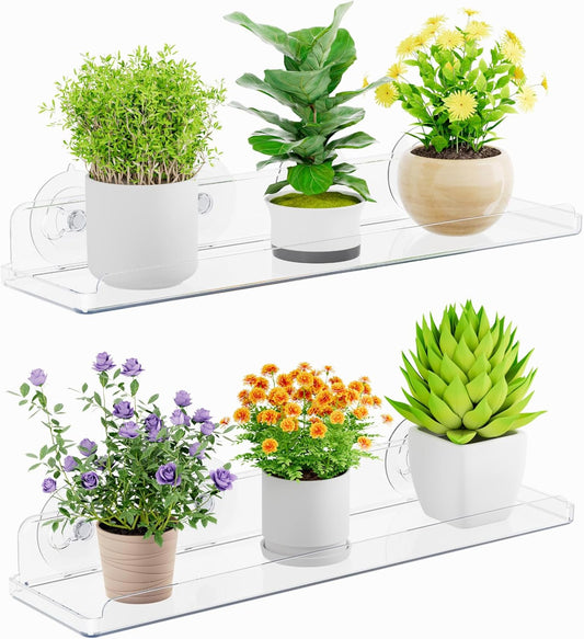 Lifewit Window Plant Floating Shelves 15 x 4 inch, 2 Pack Acrylic Suction Cup Shelf, Window Sill Extender for Indoor Succulent Plants, Micro Greens, Seed Starter Pots, Herb Planters