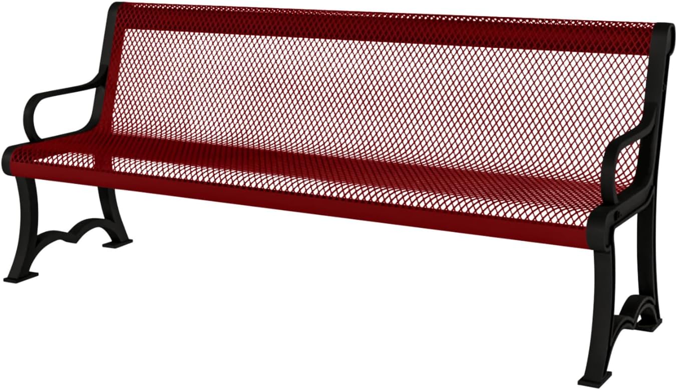 Heavy-Duty Outdoor Bench Thermoplastic Coated, Expanded Metal, Commercial-Grade Garden Bench, Made in America (Portable with Back, 4 Ft, Textured Burgundy)