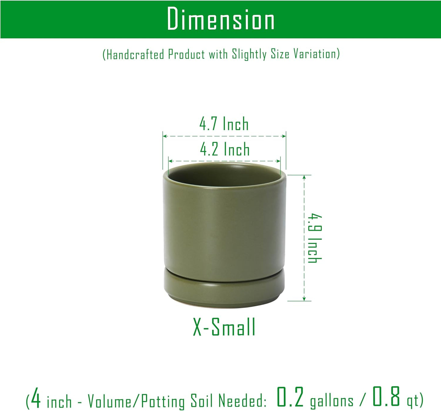 D'vine Dev Set of 4 Small Ceramic Plant Pots, 4.6 Inch Succulent Planter Pot for Plants with Drainage Hole and Saucer, Olive, 94-X-B-0