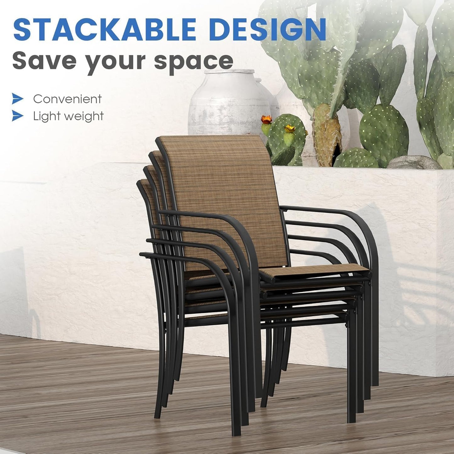 VICLLAX Patio Dining Set for 8, 9 Pieces Outdoor Furniture Set Includes 56.3" Round Patio Table and 8 Patio Stackable Chairs, Outdoor Table and Chairs for Outsides, Walnut Tabletop and Brown Fabric
