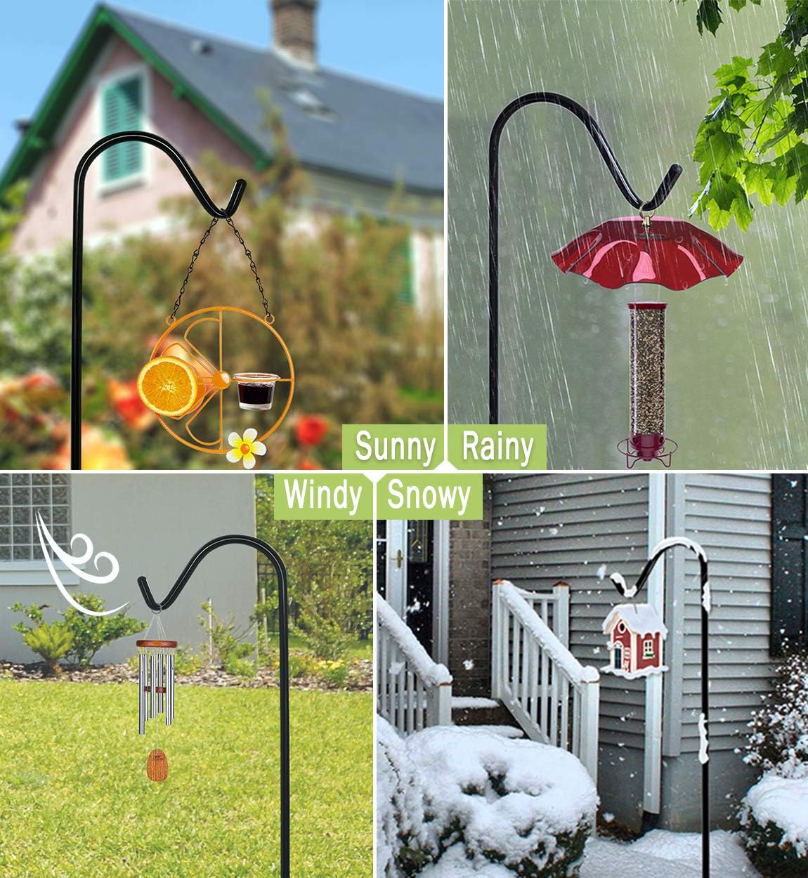Garbuildman 92 Inch Tall Shepherd Hooks with 5-Forked Base, Adjustable Heavy Duty Bird Feeder Pole Stand Hanger for Outdoor, Shiny Black, 2 Pack