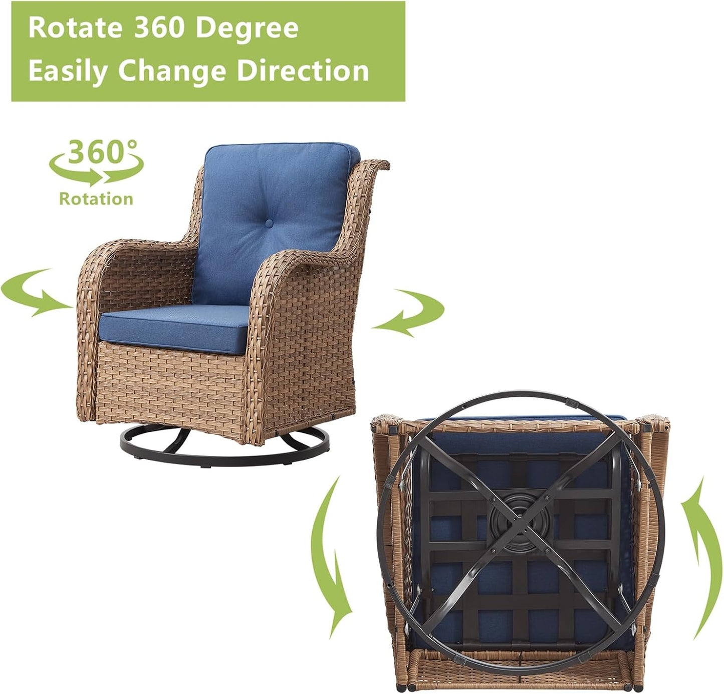 Outdoor Wicker Patio Furniture Set - 6 Piece Rattan Patio Conversation Set with 2 Rocking Swivel Chairs,2 Ottomans,1 Sofa and 1 Coffee Table for Porch Deck Backyard Garden(Yellow/Blue)