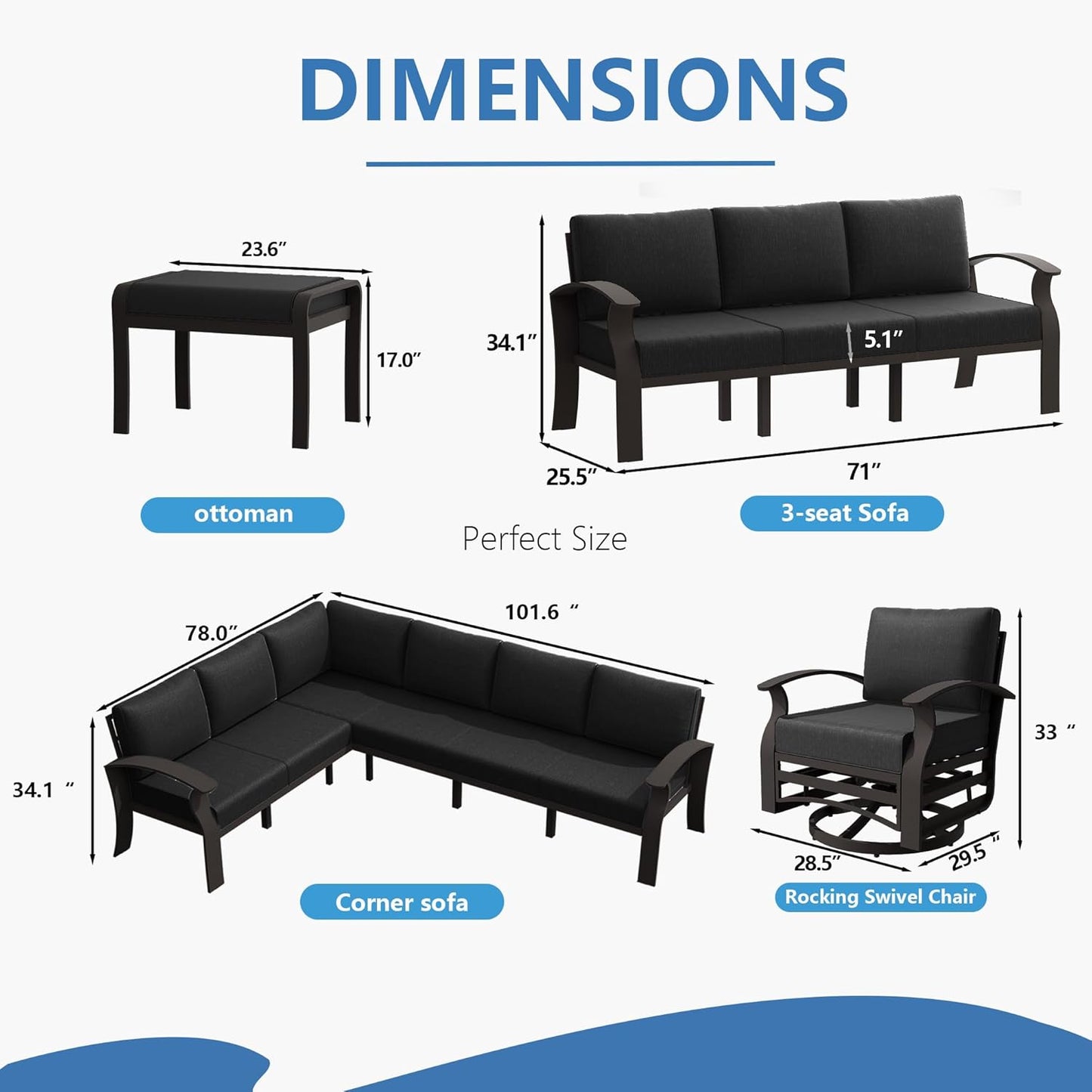 Aluminum Patio Furniture Set, 10 Seats Outdoor Patio Conversation Set with Swivel Chair Modern Metal Patio Sectional Sofa with Coffee Table for Patio, Backyard(Dark Grey).