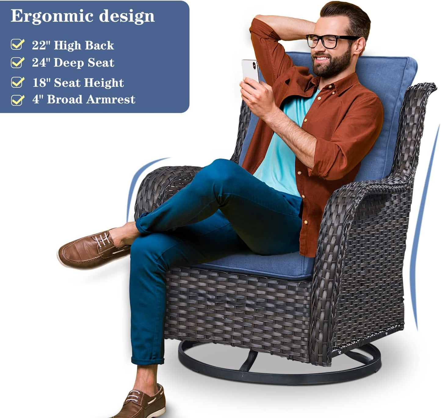 Wicker Outdoor Furniture Patio Furniture Set - 6 Piece Patio Conversation Set with Swivel Rocker Chairs, Loveseat Sofa, Ottomans and Coffee Table, Blue Cushion