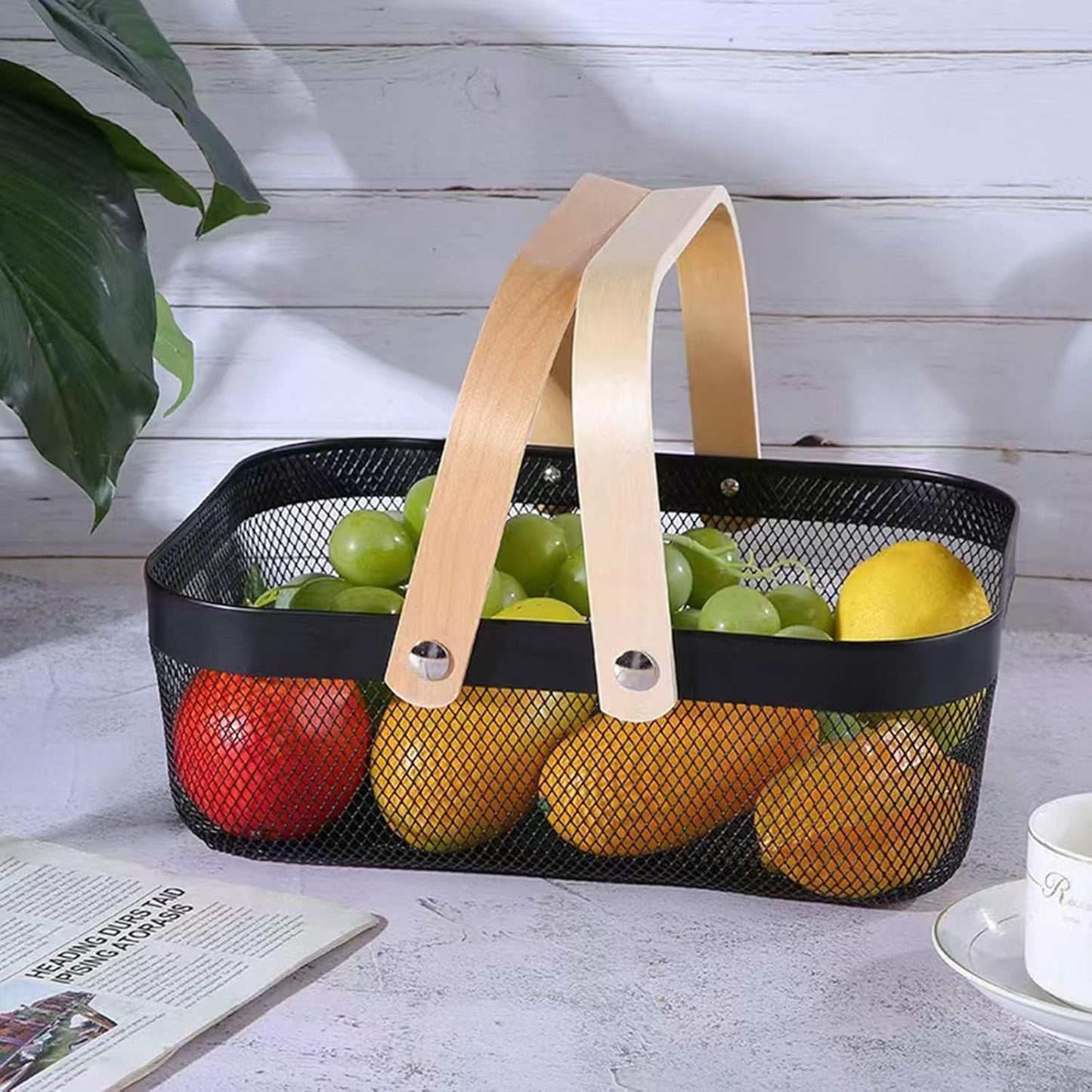 Metal Mesh Steel Basket, Storage Organizer Basket Garden Harvest Basket Multi-functional Kitchen Fruit Baskets Bin with Wooden Handle for Bathroom Picnic Shopping Decor Cabinet Home, Black