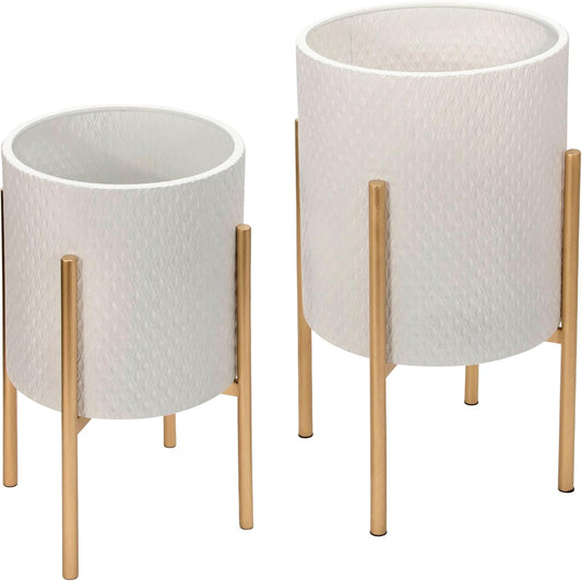 Set of 2 Metal Decorative Planter Pot with Gold Stand – Outdoor & Indoor Plant Pot with Embossed Textured Finish – Modern Garden & Home Decor Iron Planters – 23" & 19", White