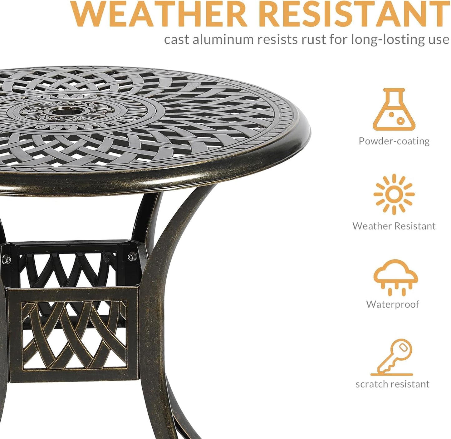 3-Piece Outdoor Patio Dining Set, All-Weather Cast Aluminum Patio Furniture Set for Backyard Garden Deck with 2 Cushioned Chairs and 31” Round Table, 2" Umbrella Hole, Navy Blue