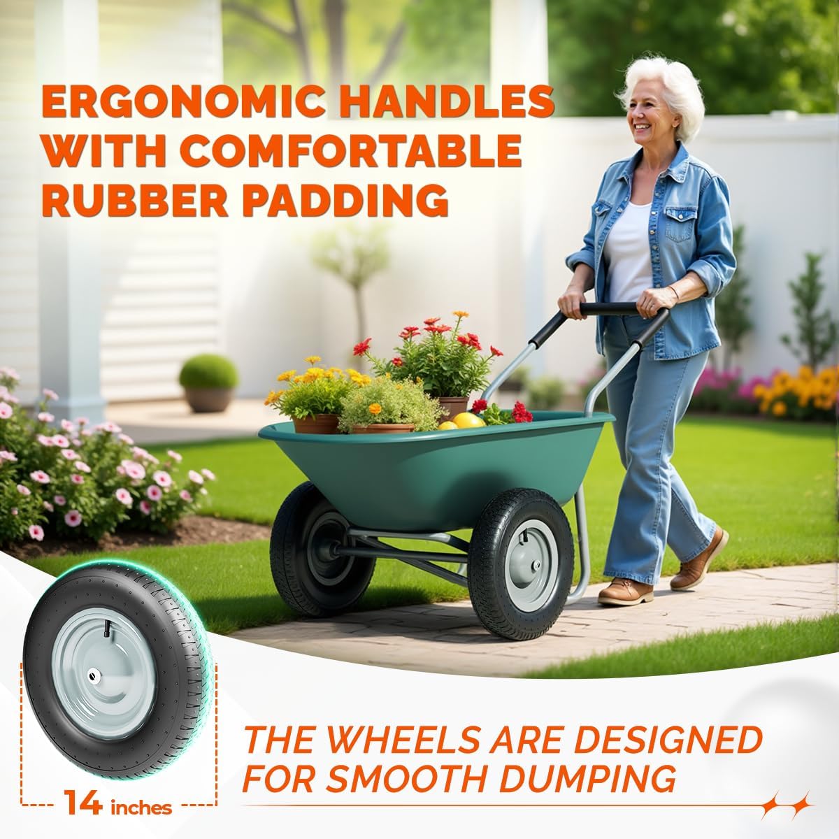 Upgrade 2 Wheel Wheelbarrow, Yard Cart with Padded Handlebar, 14 Inch Pneumatic Tires for High Stability, Ideal for Moving Soil, Plant Shrub, Gardening Tool, Easy Assembly